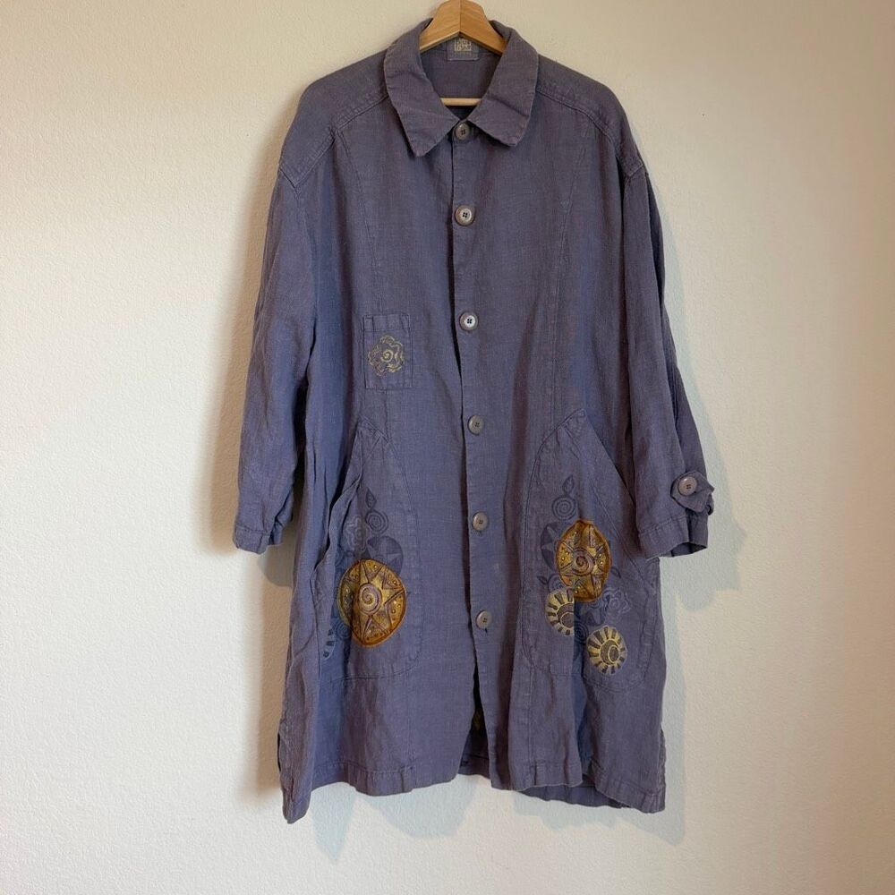 Blue Fish Blue Embroidered Hemp Button Down Duster Jacket Lagenlook One Size